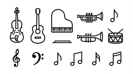 minimal music instruments and notes icon set ideal for branding packaging and stationery design isolated on white background