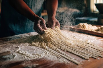 Close-up of hands working with fresh pasta dough, creating thin strands on a flour-dusted wooden table