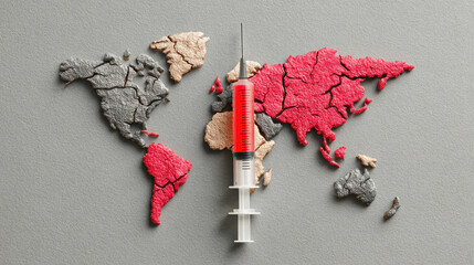 Global map cracked with syringe symbolizes vaccine hesitancy and fragile public health confidence worldwide