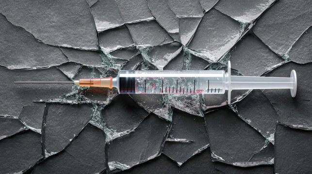 Syringe on shattered glass evokes vaccine hesitancy and fragile trust in public health