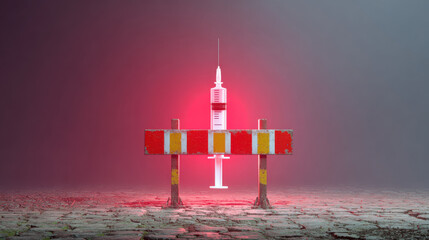 Glowing syringe rises behind barricade creating tense vaccine hesitancy imagery with dramatic red lighting and cracked ground