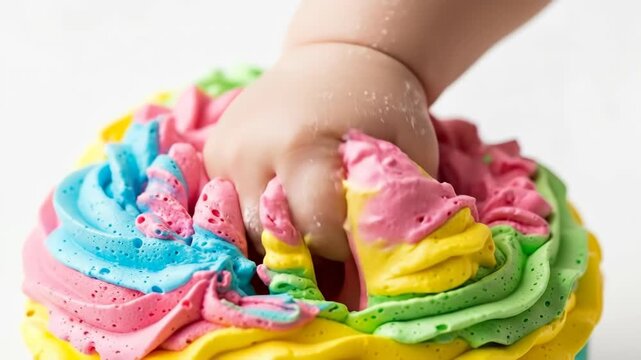 Baby hand squishing rainbow icing on delicious cake with playful exploration