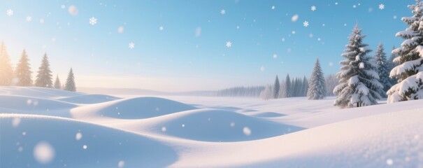 Snowy forest landscape with falling snowflakes under clear blue sky