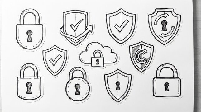 hand-drawn cybersecurity locks and shields outline elements set created for planners scrapbooking and journaling isolated on white background
