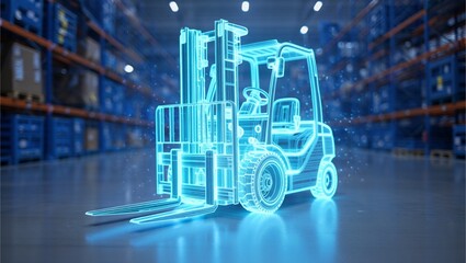 Glowing virtual forklift truck in blue wireframe with matrix particles and AI data flow representing automated warehouse management, accurate inventory control, smart logistic system, efficient cargo