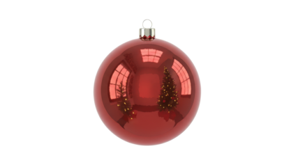 Isolated Glossy Red Christmas Ball Ornament with Silver Cap and Blurred Christmas Tree Reflection