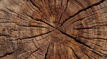 Close view of a wooden log shows rings and cracks that indicate its age. The textures and patterns are visible in natural light revealing the wood's character.