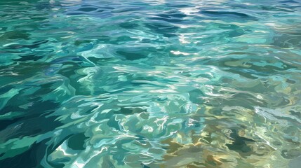 Obraz premium Water reflects sunlight in soft waves creating clear patterns above sandy bottom. The scene shows a bright sunny day with no visible land nearby.