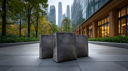Series of shopping bags lined up on polished marble tiles with reflections of modern glass buildings.