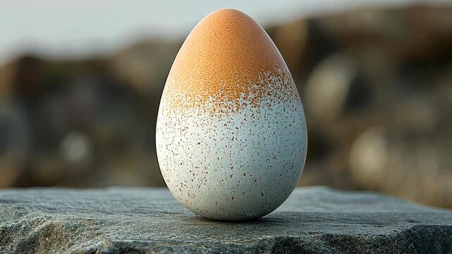 A speckled egg with an orange gradient sits on a stone surface in a natural outdoor setting. 