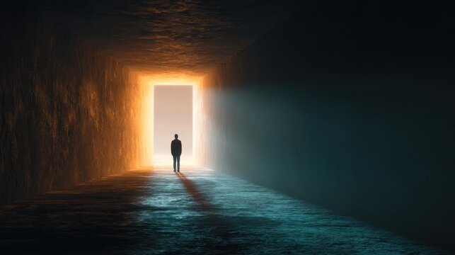 A person is positioned in front of an open door that emits light in a dark corridor. The individual appears lost in thought contemplating what lies ahead.