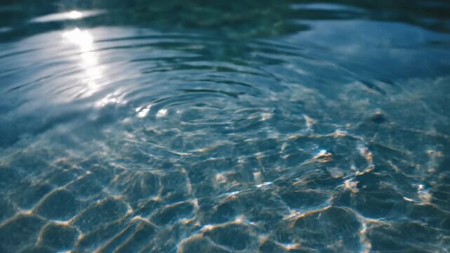 Mesmerizing slow motion capture of clear water surface rippling gently, creating dancing abstract light reflections across the frame shimmering, liquid, pool