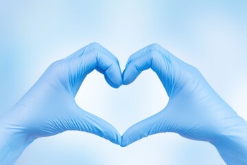 Obraz premium Hands of compassion: In a symbol of care, gloved hands form a heart, embodying dedication and empathy, against a gentle blue backdrop.