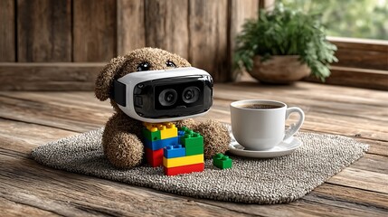 Playful interior setup showing a VR headset next to building blocks and a teacup on a rug.