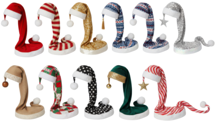 Set of Various Colorful Long Floppy Christmas Elf Hats with Pom-Poms Isolated
