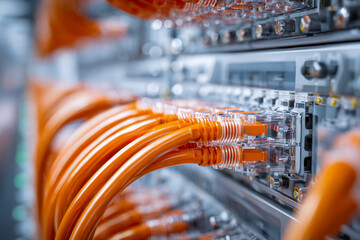 High-tech data center servers connected with organized orange network cables showcasing modern digital infrastructure and telecommunications technology setup
