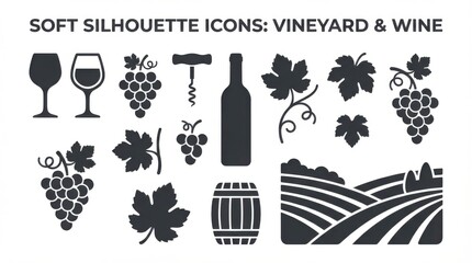 Fototapeta premium soft wine glasses and vineyard elements silhouette set useful for infographics presentations and ui elements isolated on white background