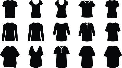 Black T-Shirt and Shirt Silhouette Collection, Various Styles of Female and Male Apparel, Blank Clothes Template Isolated on White Background, Fashion Garment Flat Vector Illustration
