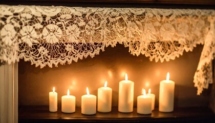 Warm Glow of Seven White Pillar Candles on Mantle Under Lace