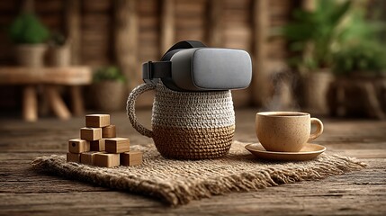 Playful interior setup showing a VR headset next to building blocks and a teacup on a rug.