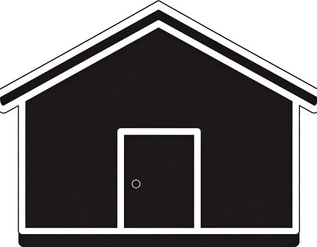Simple monochrome illustration featuring a house outline with a door, roof and white border
