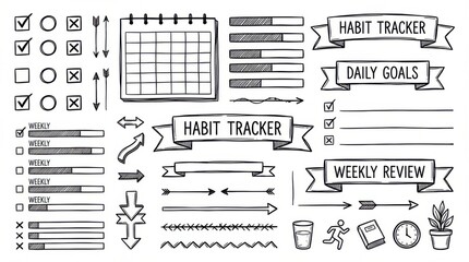 hand-drawn productivity habit tracker elements outline elements set created for planners scrapbooking and journaling isolated on white background