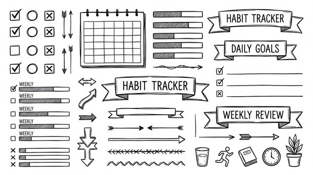 hand-drawn productivity habit tracker elements outline elements set created for planners scrapbooking and journaling isolated on white background