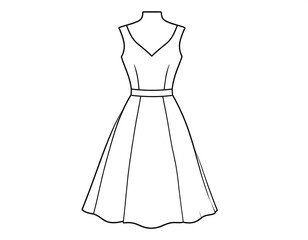 Simple monochrome outline illustration of a classic sleeveless midi dress on a torso form