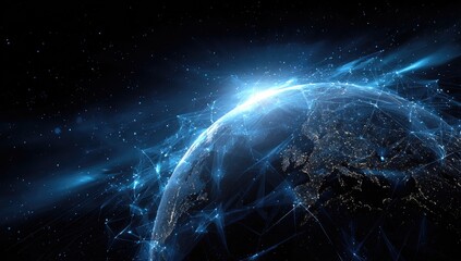 Earth view with glowing network lines overlayed, against a space backdrop with a bright light source