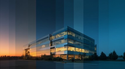 A time-lapse style prompt of an office building’s lighting system adjusting throughout the day based on IoT scheduling, showing sunrise to evening transition.