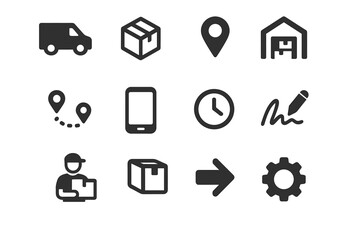 Fototapeta premium Vector parcel courier delivery pin icons signature map clock smartphone service warehouse