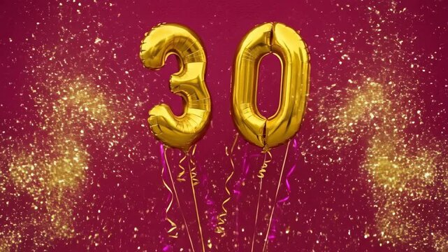 Golden balloons pop with glitter explosion celebrating milestone birthday on vibrant pink background