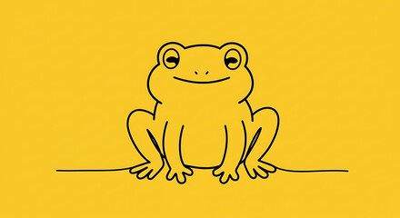 Simple outline drawing of a smiling frog on a bright yellow background