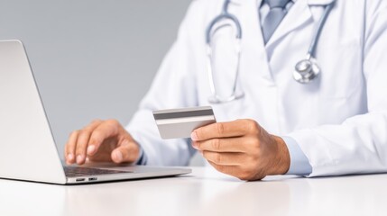 Digital Healthcare Payment: A medical professional engages in seamless digital healthcare payment transactions via a laptop, using a credit card to ensure convenient and secure financial arrangements.