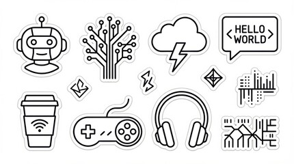 minimal tech stickers and laptop decal motifs icon set ideal for branding packaging and stationery design isolated on white background