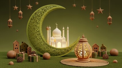 Ramadan decorations with mosque, moon, stars, and lanterns suitable for festive designs, cultural content, holiday promotions, and religious materials.