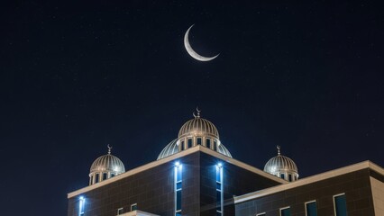 Mosque illuminated by the night sky, crescent moon shining over domes. Suitable for religious, islamic, architectural, or cultural concepts.