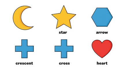 Simple shapes in varied colors with basic labels crescent, star, hexagon, cross, and heart