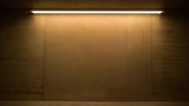 A minimalist shot of a single warm light fixture illuminating a textured concrete wall from above, creating a soft glow.