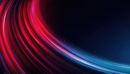 Abstract light painting showing curved trails of red and blue converging on the left against a dark background