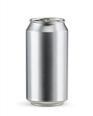 Silver aluminum beverage can, upright and unopened, with a clean, neutral background and soft shadow