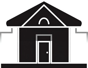 Simple, stylized black and white illustration of a building with a gabled roof and a doorway