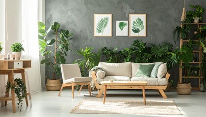 Bright Living Room with Plants and Natural Light.