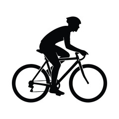 Obraz premium Black Silhouette of a Cyclist Wearing a Helmet Riding a Bicycle on a White Background