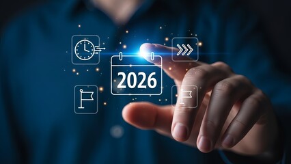 Hand Touching Digital 2026 with Time and Strategy Icons