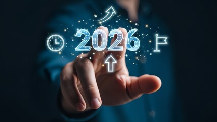 Hand Touching Digital 2026 Icons for Growth and Time Management