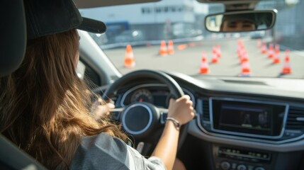 Woman driving car during driving practice