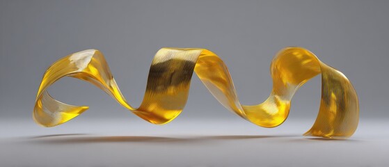 A shimmering, golden ribbon curls in a sinuous wave against a muted gray backdrop, casting a soft shadow below