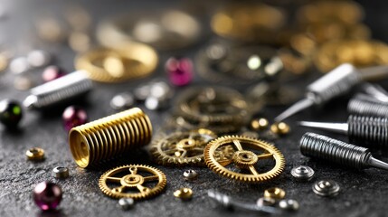 A collection of gears and other small parts on a table