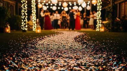 Elegant Wedding Ceremony Pathway Illuminated by String Lights and Lanterns.